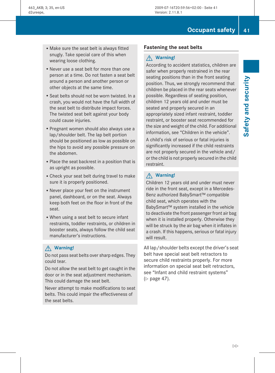 Safety and security, Occupant safety | Mercedes-Benz G-Class 2010 Owners Manual User Manual | Page 43 / 272