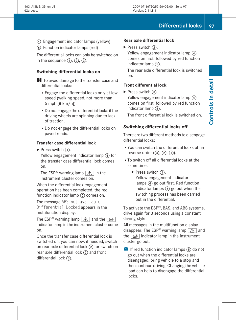 Controls in detail, Differential locks | Mercedes-Benz G-Class 2010 Owners Manual User Manual | Page 99 / 272