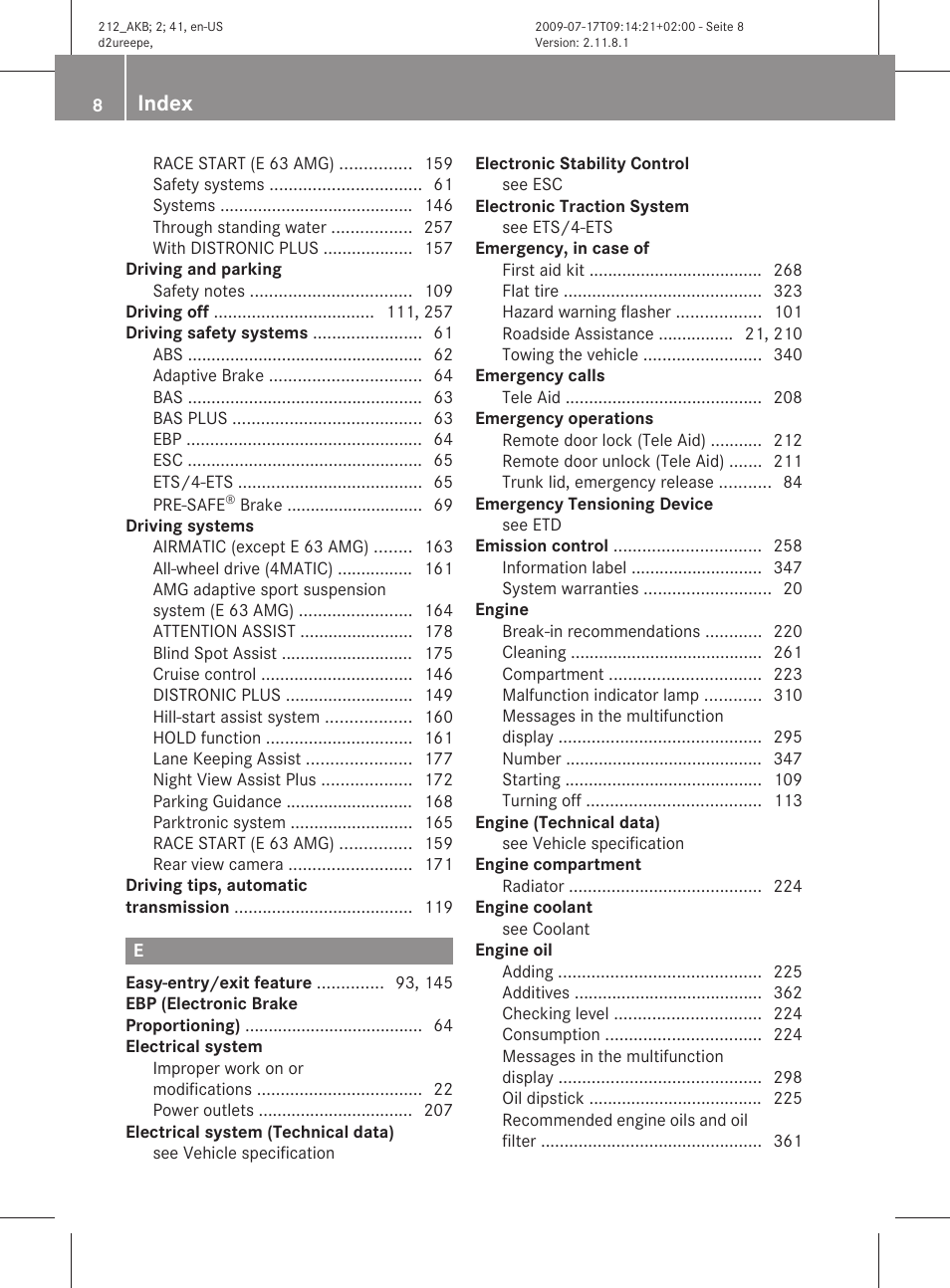 Index | Mercedes-Benz E-Sedan 2010 Owners Manual User Manual | Page 10 / 372