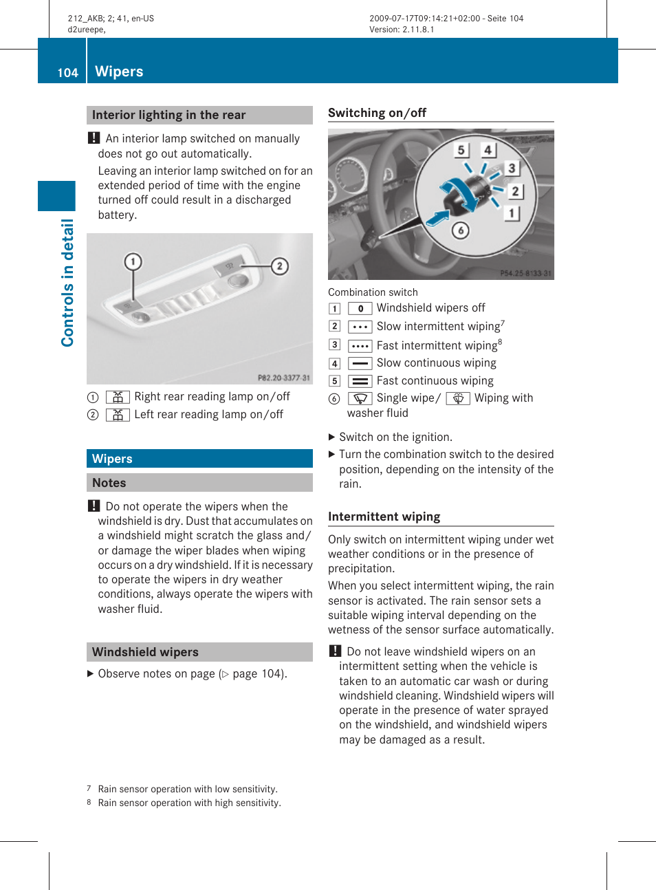 Interior lighting in the rear, Wipers, Notes | Windshield wipers, Controls in detail | Mercedes-Benz E-Sedan 2010 Owners Manual User Manual | Page 106 / 372