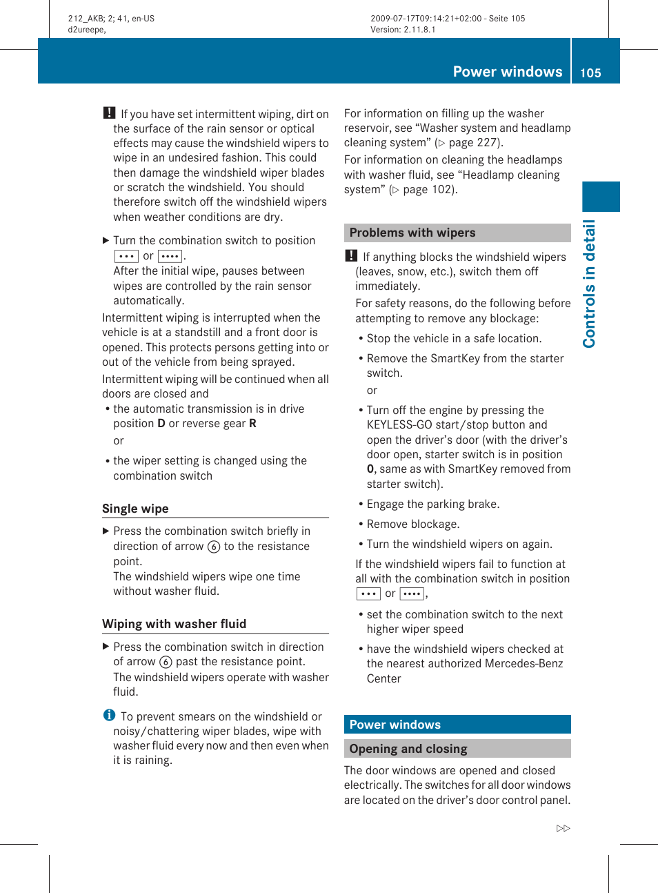 Problems with wipers, Power windows, Opening and closing | Controls in detail | Mercedes-Benz E-Sedan 2010 Owners Manual User Manual | Page 107 / 372