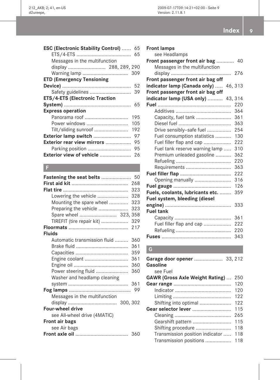 Index | Mercedes-Benz E-Sedan 2010 Owners Manual User Manual | Page 11 / 372