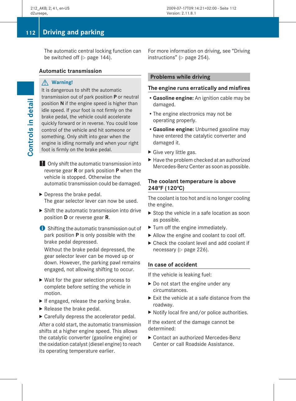 Problems while driving, Controls in detail, Driving and parking | Mercedes-Benz E-Sedan 2010 Owners Manual User Manual | Page 114 / 372