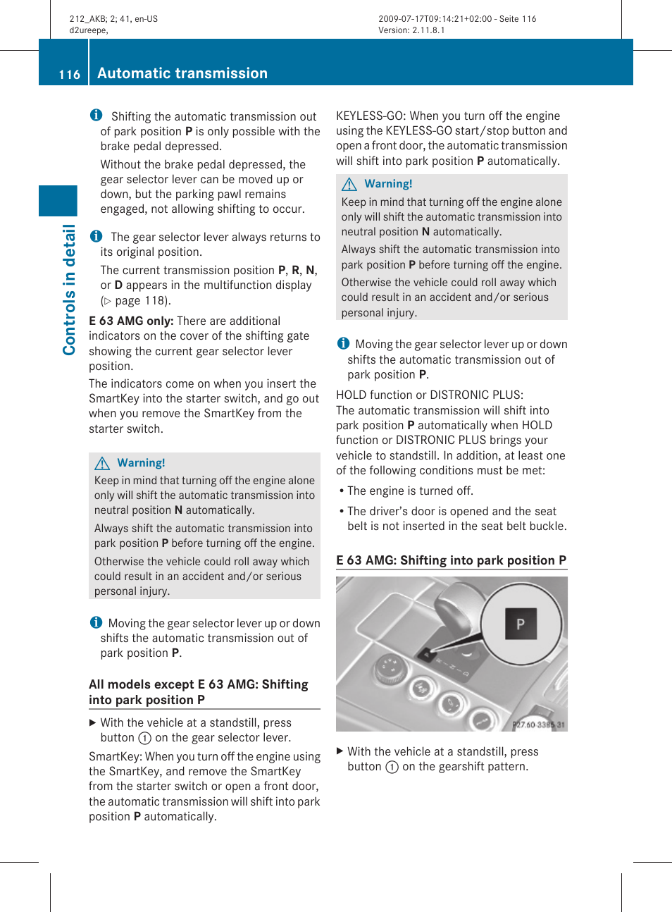 Controls in detail, Automatic transmission | Mercedes-Benz E-Sedan 2010 Owners Manual User Manual | Page 118 / 372