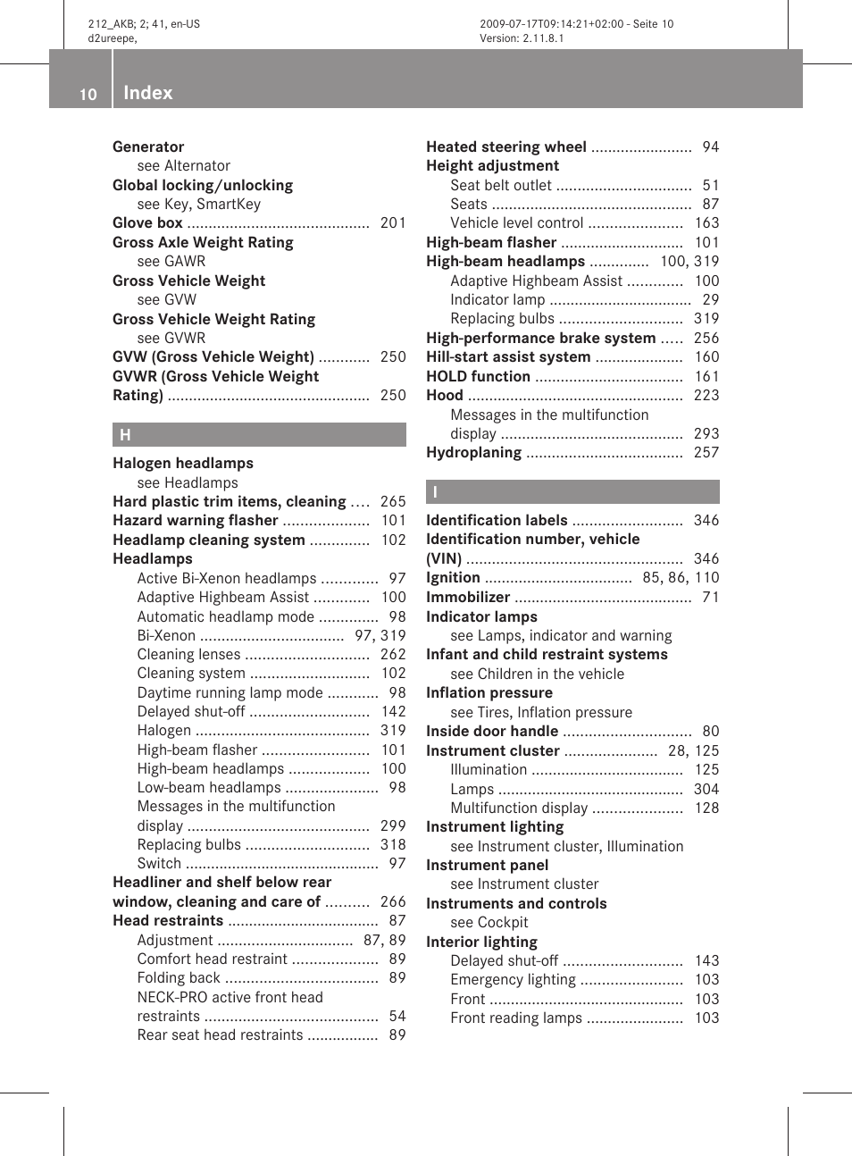 Index | Mercedes-Benz E-Sedan 2010 Owners Manual User Manual | Page 12 / 372