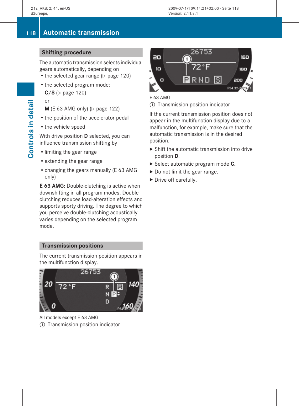 Shifting procedure, Transmission positions, Controls in detail | Automatic transmission | Mercedes-Benz E-Sedan 2010 Owners Manual User Manual | Page 120 / 372