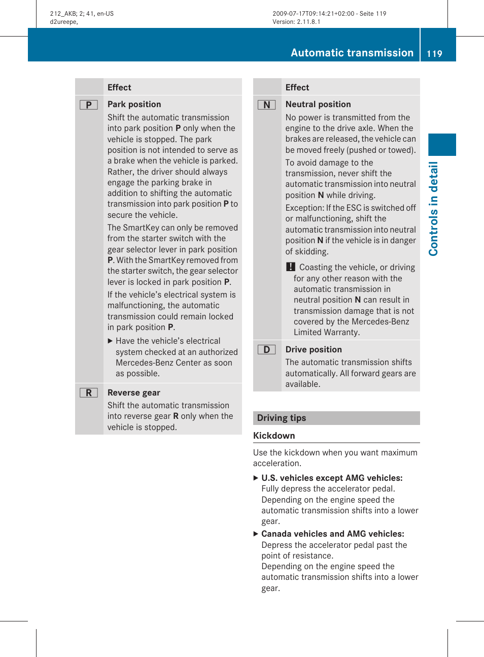 Driving tips, Controls in detail, Automatic transmission | Mercedes-Benz E-Sedan 2010 Owners Manual User Manual | Page 121 / 372