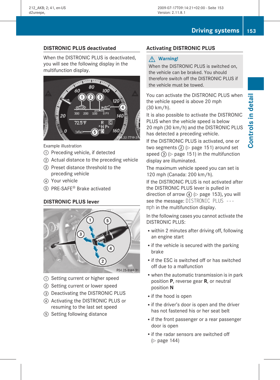 Plus, Controls in detail, Driving systems | Mercedes-Benz E-Sedan 2010 Owners Manual User Manual | Page 155 / 372