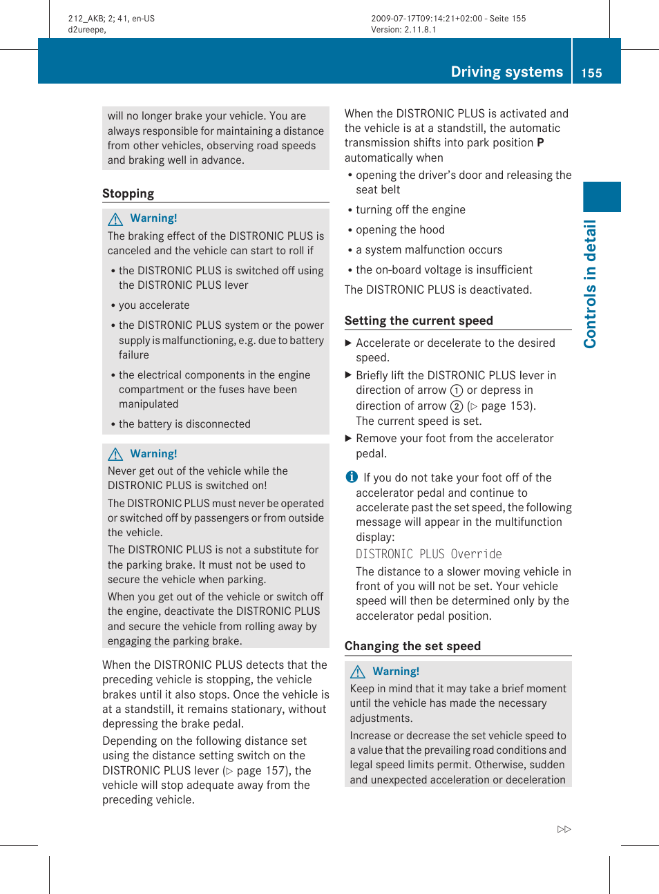 Controls in detail, Driving systems | Mercedes-Benz E-Sedan 2010 Owners Manual User Manual | Page 157 / 372