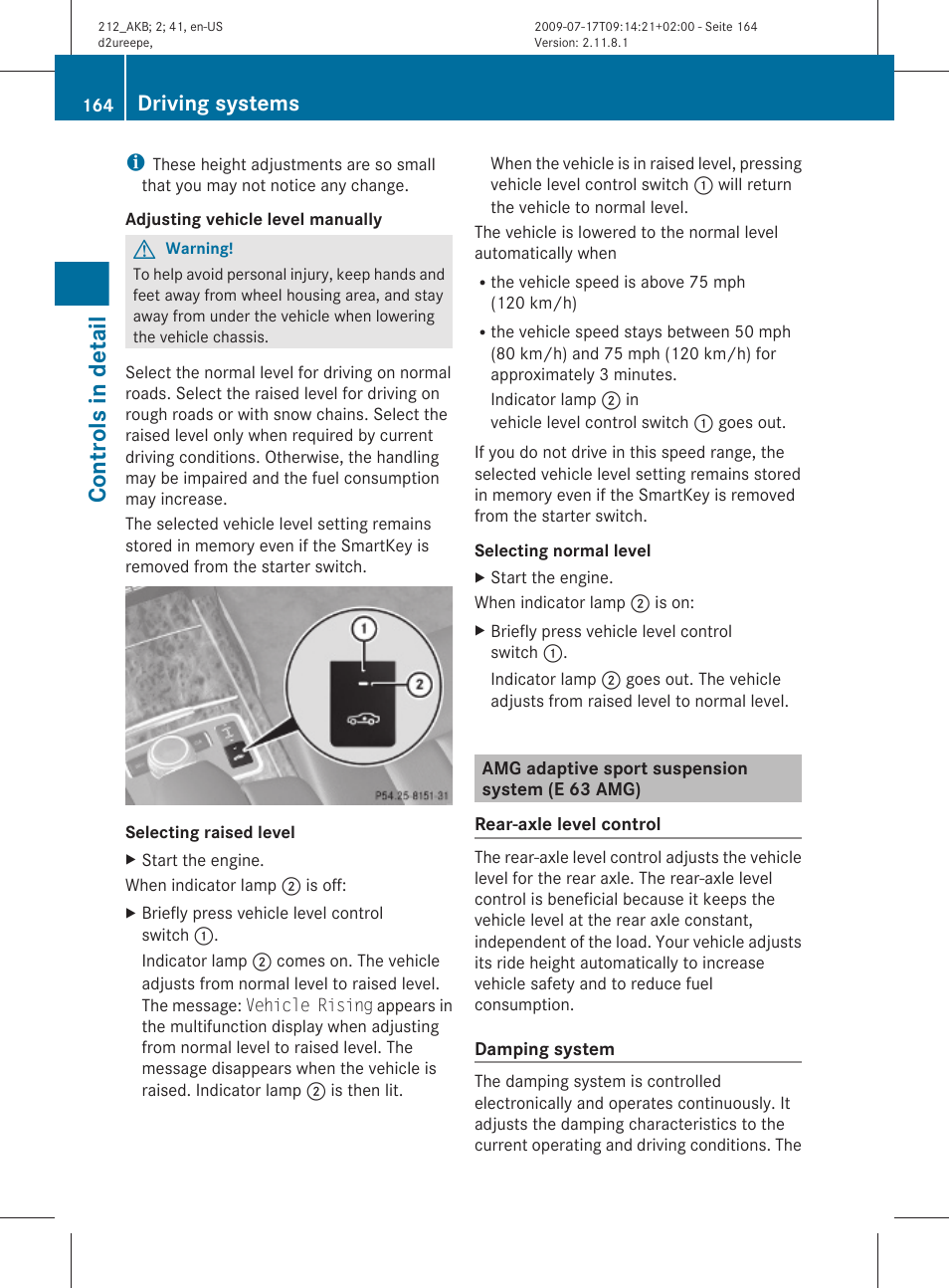 Amg adaptive sport suspension system (e 63 amg), Controls in detail, Driving systems | Mercedes-Benz E-Sedan 2010 Owners Manual User Manual | Page 166 / 372