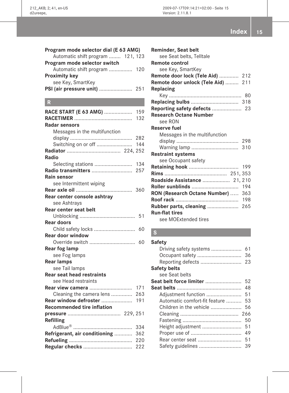 Index | Mercedes-Benz E-Sedan 2010 Owners Manual User Manual | Page 17 / 372