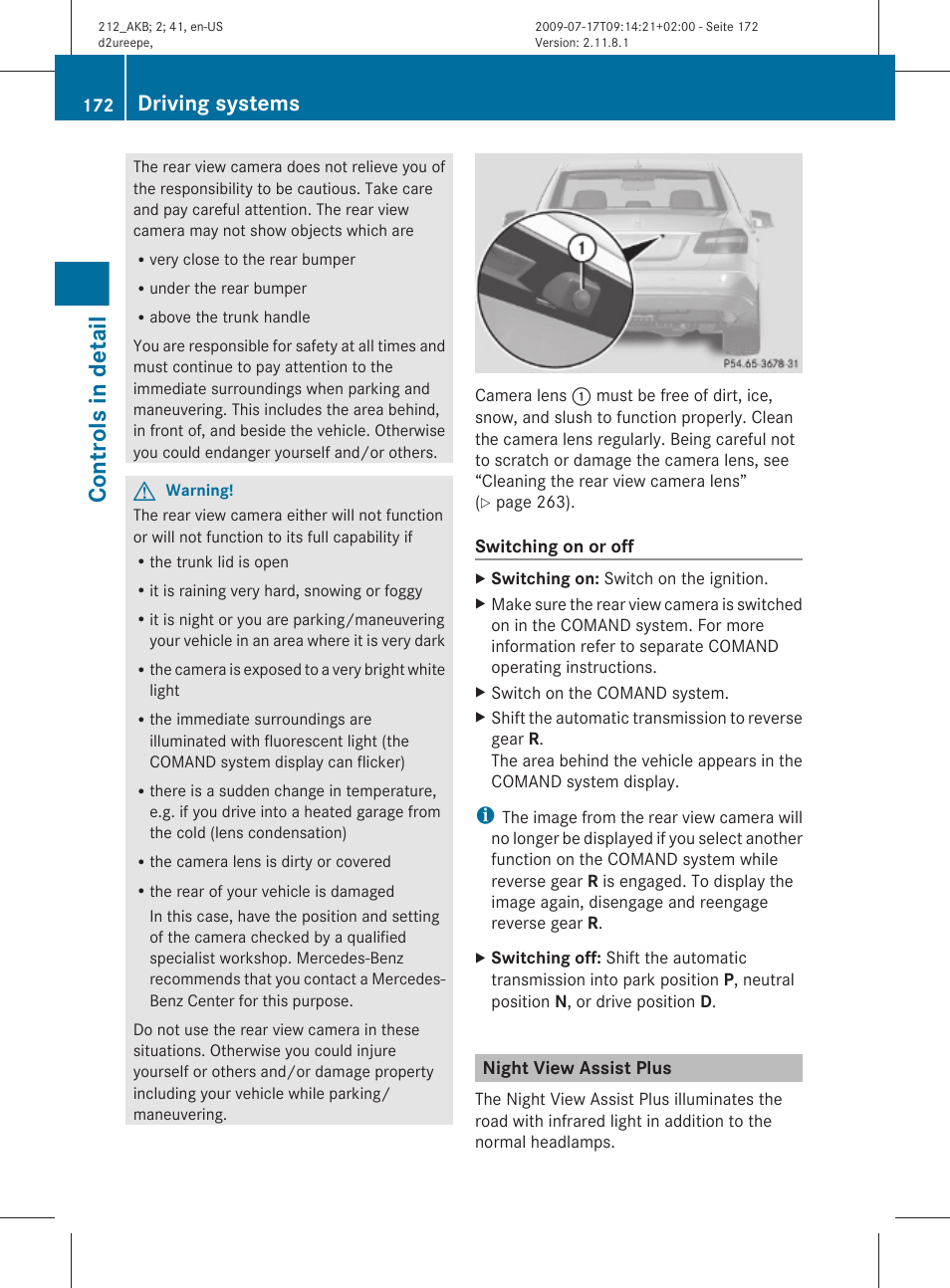 Night view assist plus, Controls in detail, Driving systems | Mercedes-Benz E-Sedan 2010 Owners Manual User Manual | Page 174 / 372