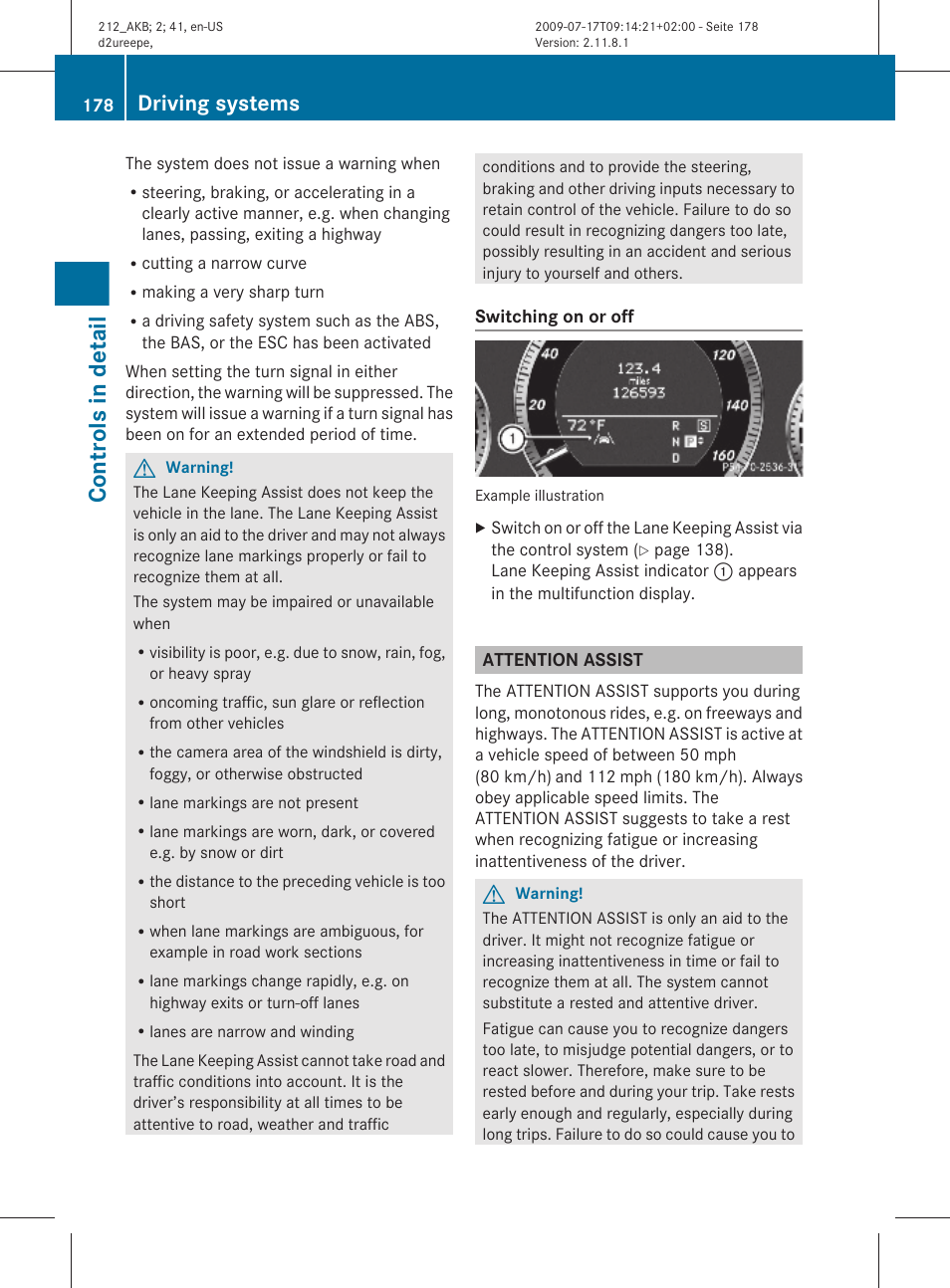 Attention assist, Controls in detail, Driving systems | Mercedes-Benz E-Sedan 2010 Owners Manual User Manual | Page 180 / 372