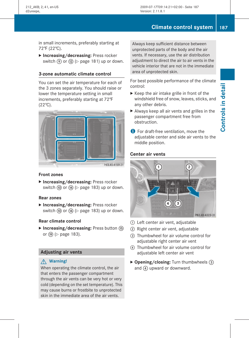 Adjusting air vents, Controls in detail, Climate control system | Mercedes-Benz E-Sedan 2010 Owners Manual User Manual | Page 189 / 372