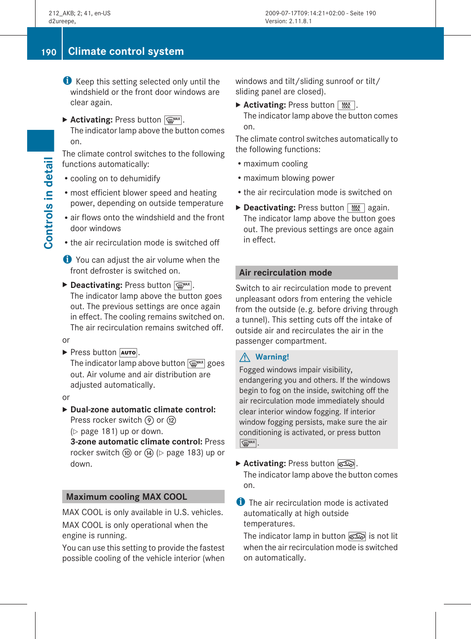 Maximum cooling max cool, Air recirculation mode, Controls in detail | Climate control system | Mercedes-Benz E-Sedan 2010 Owners Manual User Manual | Page 192 / 372