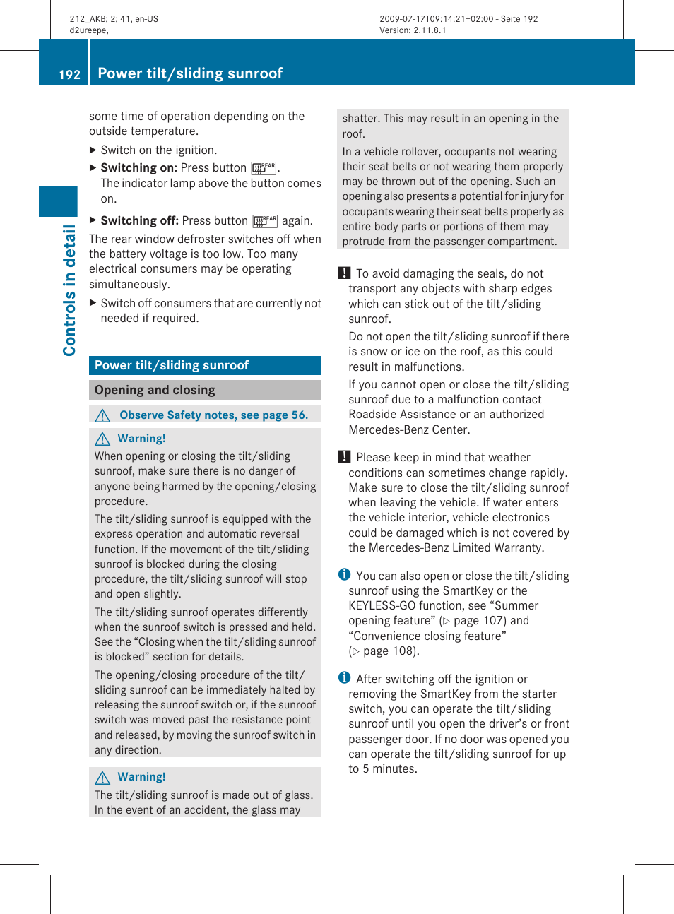 Power tilt/sliding sunroof, Opening and closing, Controls in detail | Mercedes-Benz E-Sedan 2010 Owners Manual User Manual | Page 194 / 372