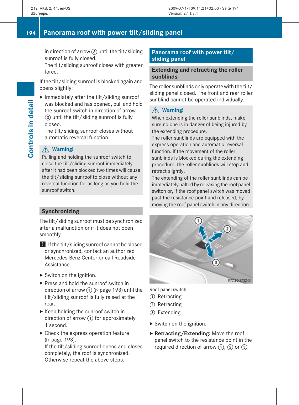 Synchronizing, Panorama roof with power tilt/sliding panel, Extending and retracting the roller sunblinds | Controls in detail | Mercedes-Benz E-Sedan 2010 Owners Manual User Manual | Page 196 / 372