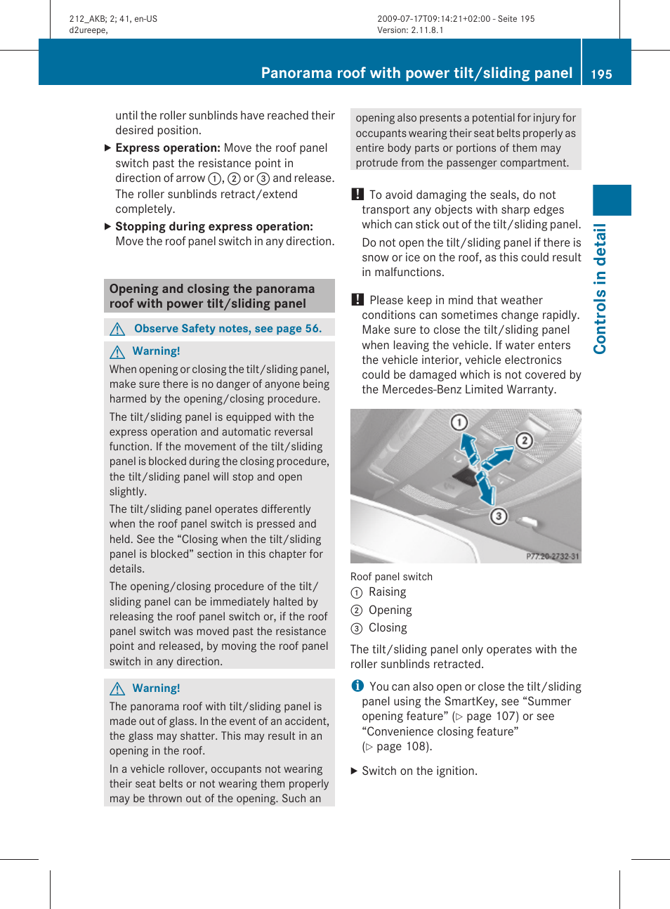 Controls in detail, Panorama roof with power tilt/sliding panel | Mercedes-Benz E-Sedan 2010 Owners Manual User Manual | Page 197 / 372