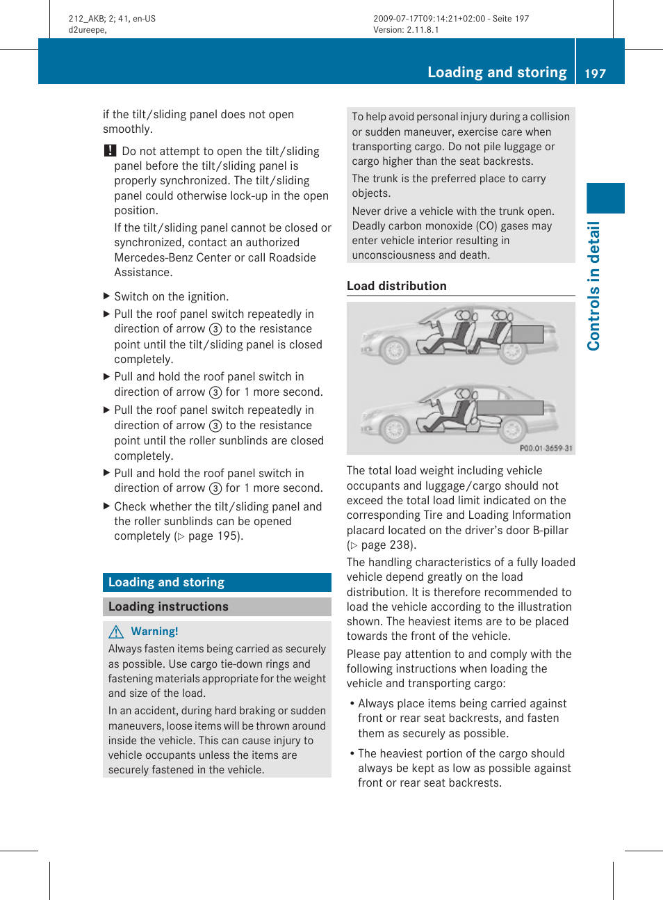 Loading and storing, Loading instructions, Controls in detail | Mercedes-Benz E-Sedan 2010 Owners Manual User Manual | Page 199 / 372