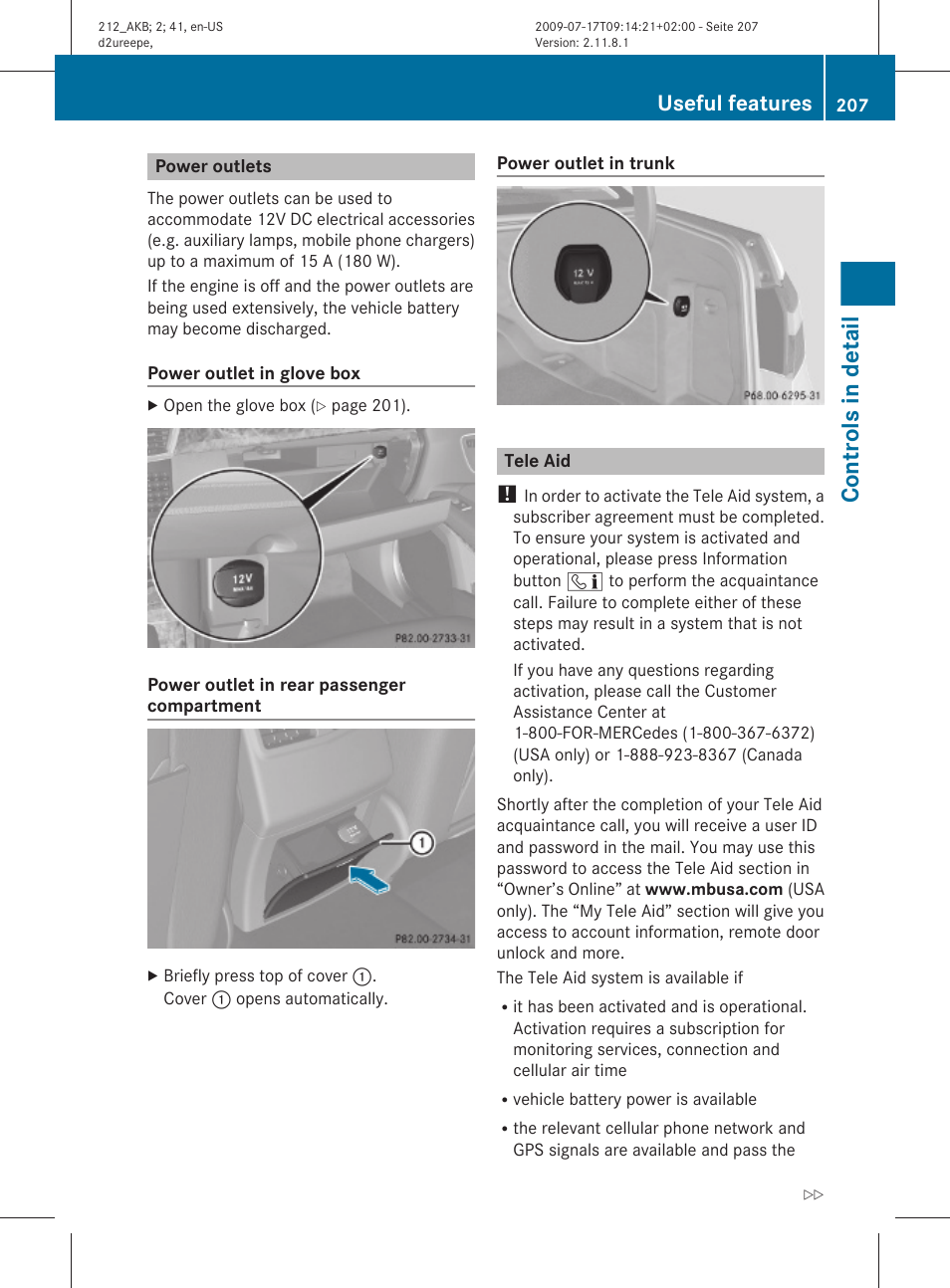 Power outlets, Tele aid, Controls in detail | Useful features | Mercedes-Benz E-Sedan 2010 Owners Manual User Manual | Page 209 / 372