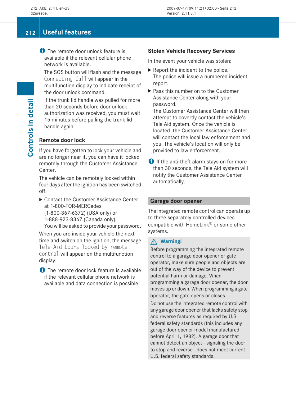 Garage door opener, Controls in detail, Useful features | Mercedes-Benz E-Sedan 2010 Owners Manual User Manual | Page 214 / 372