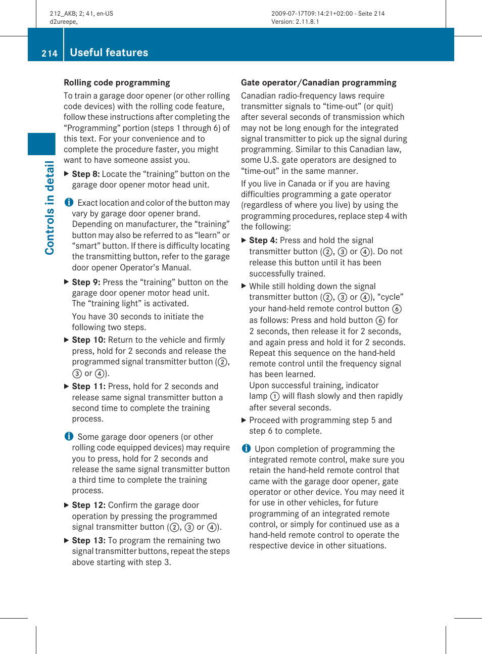 Controls in detail, Useful features | Mercedes-Benz E-Sedan 2010 Owners Manual User Manual | Page 216 / 372