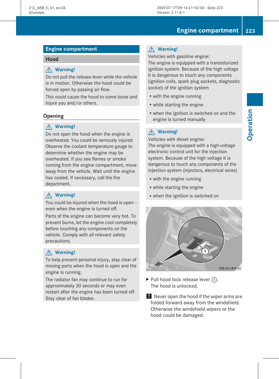 Engine compartment, Hood, Operation | Mercedes-Benz E-Sedan 2010 Owners Manual User Manual | Page 225 / 372