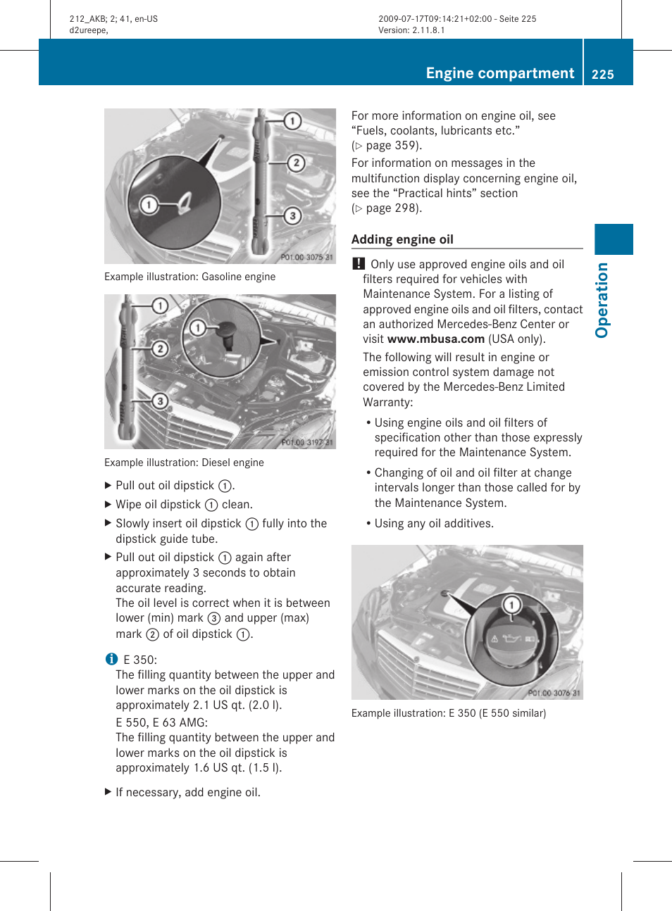 Operation, Engine compartment | Mercedes-Benz E-Sedan 2010 Owners Manual User Manual | Page 227 / 372