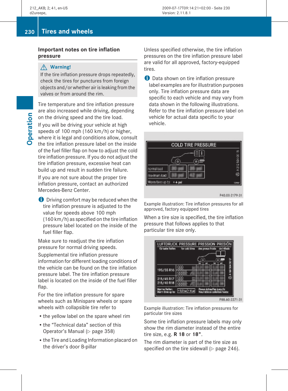 Inflation pressure, Operation, Tires and wheels | Mercedes-Benz E-Sedan 2010 Owners Manual User Manual | Page 232 / 372