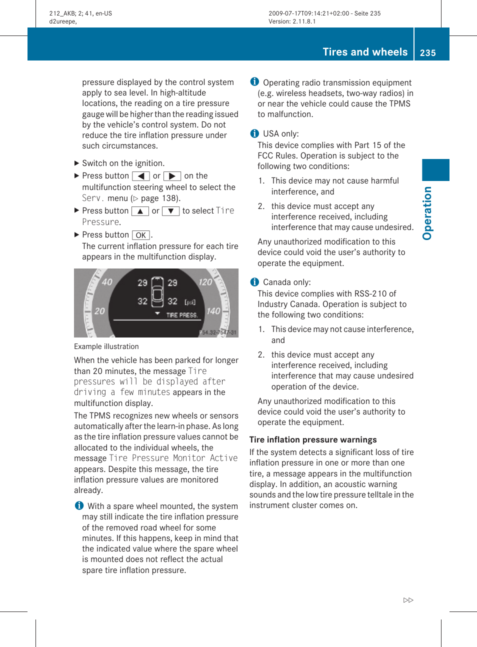 Operation, Tires and wheels | Mercedes-Benz E-Sedan 2010 Owners Manual User Manual | Page 237 / 372