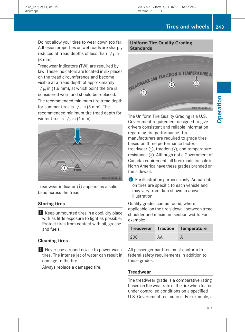 Uniform tire quality grading standards, Operation, Tires and wheels | Mercedes-Benz E-Sedan 2010 Owners Manual User Manual | Page 245 / 372