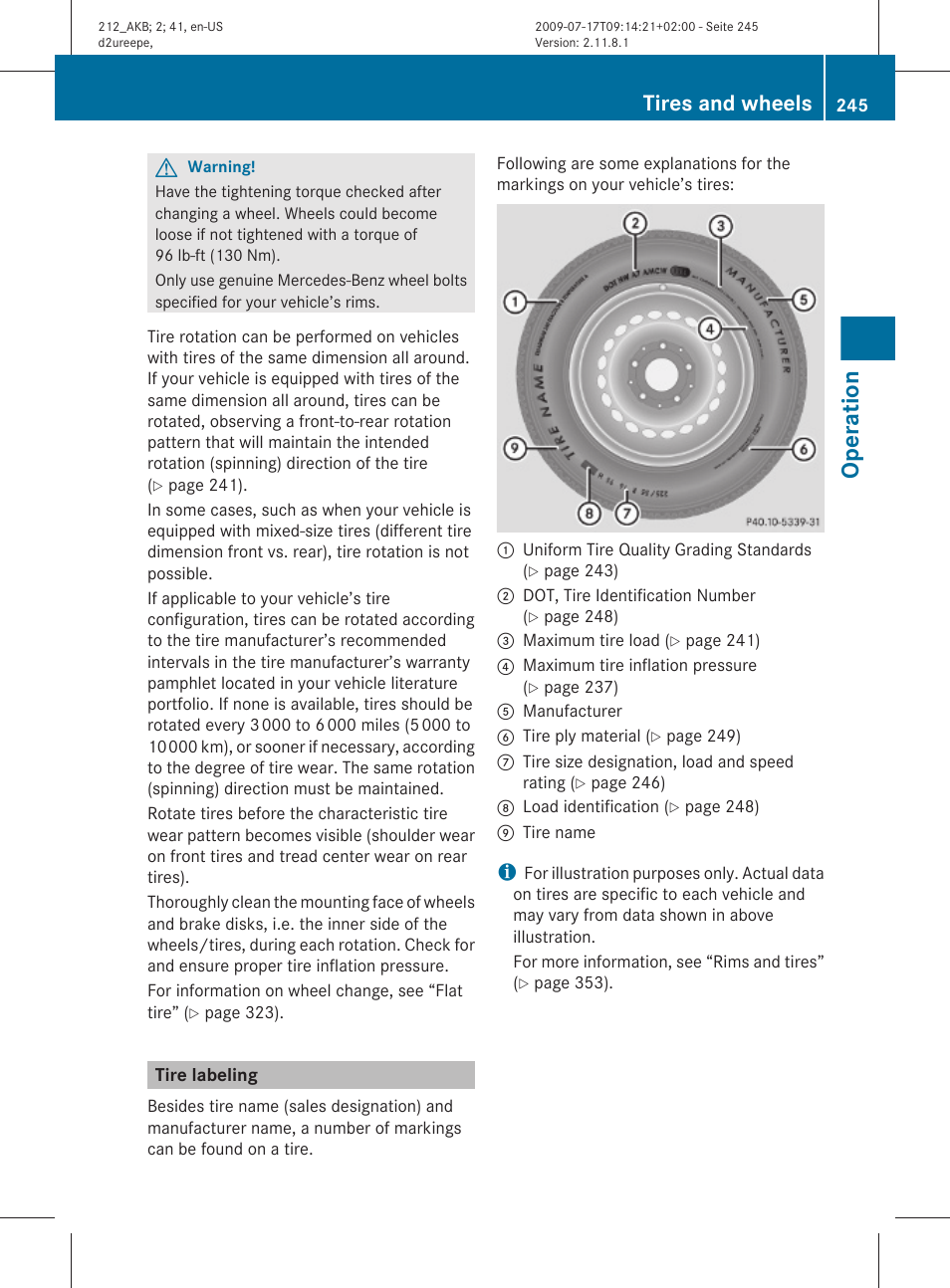 Tire labeling, Operation, Tires and wheels | Mercedes-Benz E-Sedan 2010 Owners Manual User Manual | Page 247 / 372