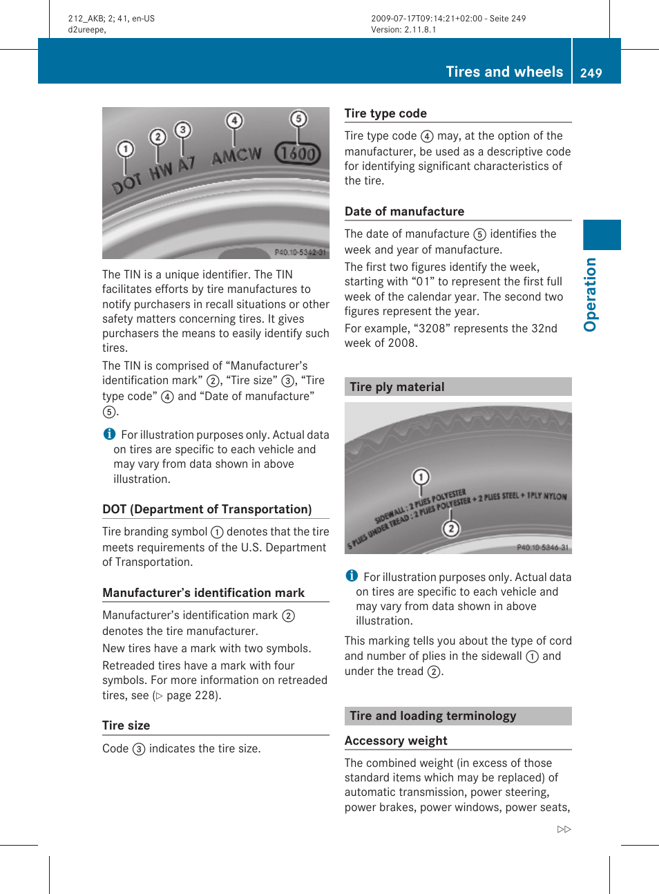 Tire ply material, Tire and loading terminology, Operation | Tires and wheels | Mercedes-Benz E-Sedan 2010 Owners Manual User Manual | Page 251 / 372