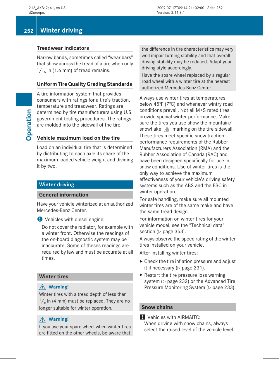 Winter driving, General information, Winter tires | Snow chains, Achieved with winter tires, Operation | Mercedes-Benz E-Sedan 2010 Owners Manual User Manual | Page 254 / 372