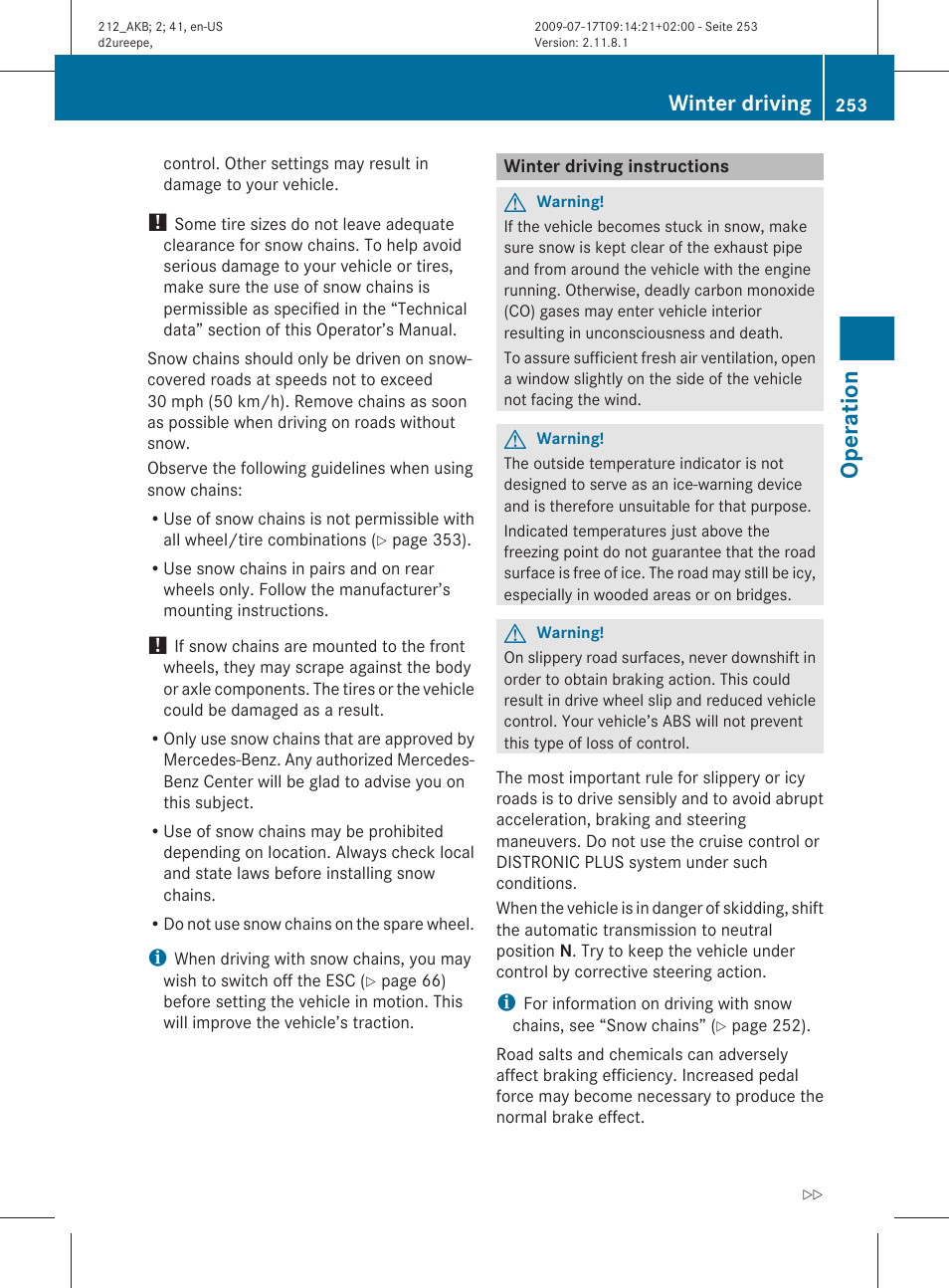 Winter driving instructions, Operation, Winter driving | Mercedes-Benz E-Sedan 2010 Owners Manual User Manual | Page 255 / 372