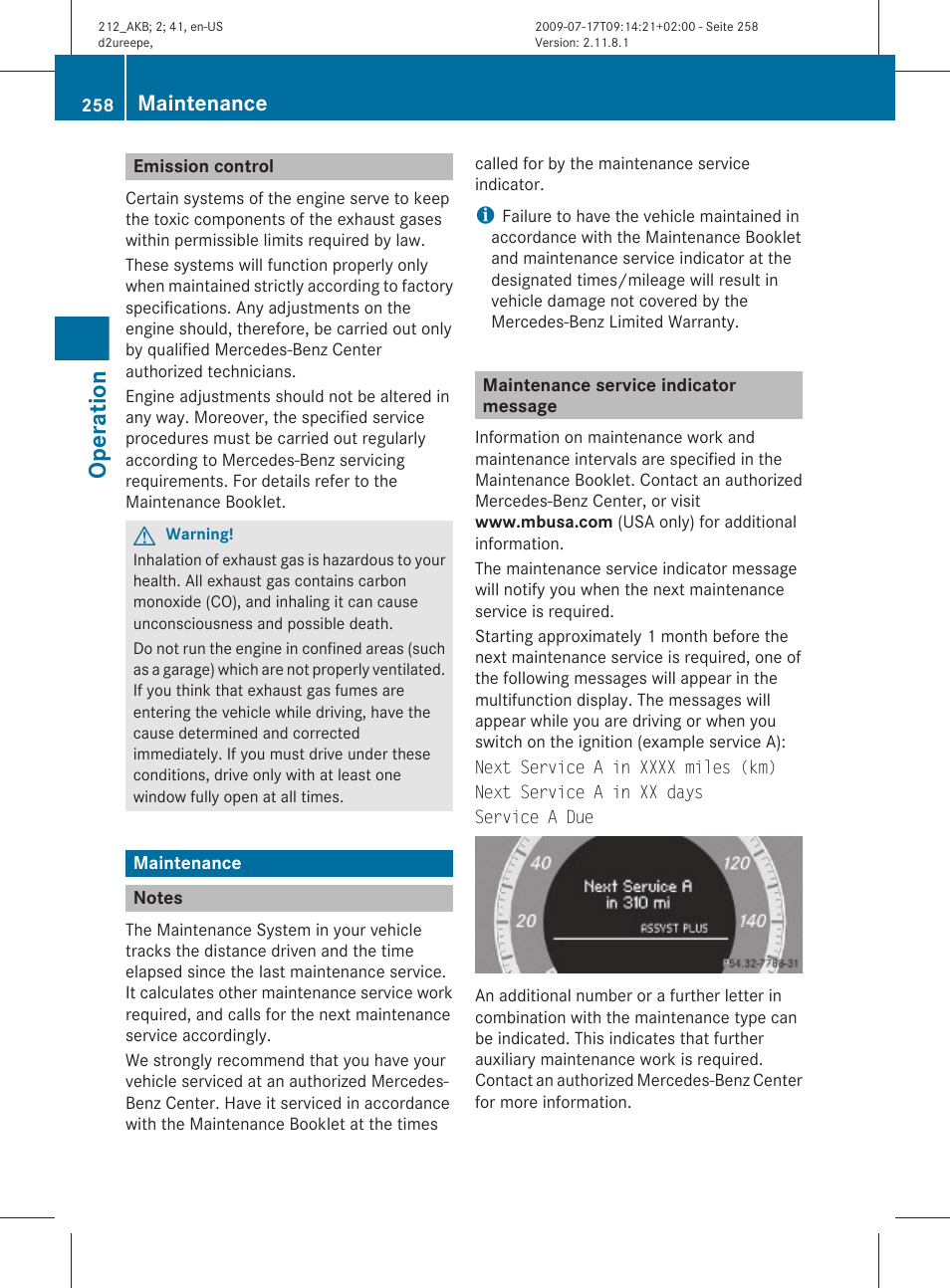 Emission control, Maintenance, Notes | Maintenance service indicator message, Operation | Mercedes-Benz E-Sedan 2010 Owners Manual User Manual | Page 260 / 372