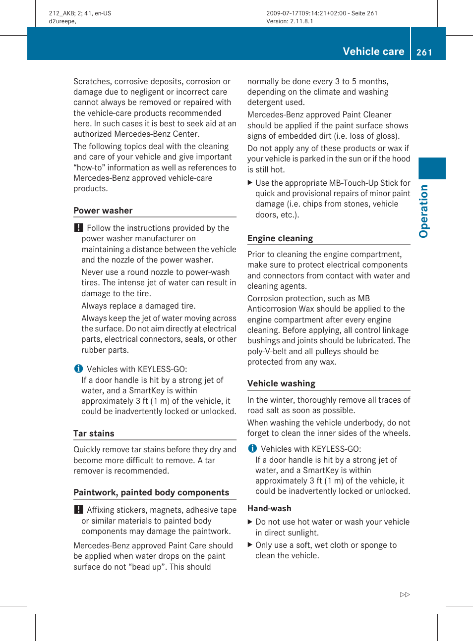 Operation, Vehicle care | Mercedes-Benz E-Sedan 2010 Owners Manual User Manual | Page 263 / 372