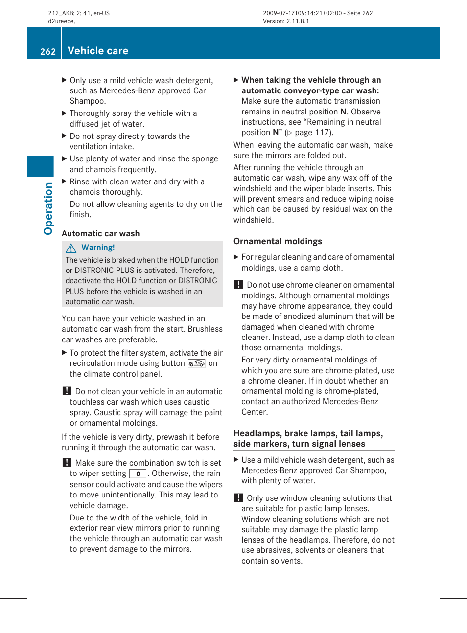 Operation, Vehicle care | Mercedes-Benz E-Sedan 2010 Owners Manual User Manual | Page 264 / 372