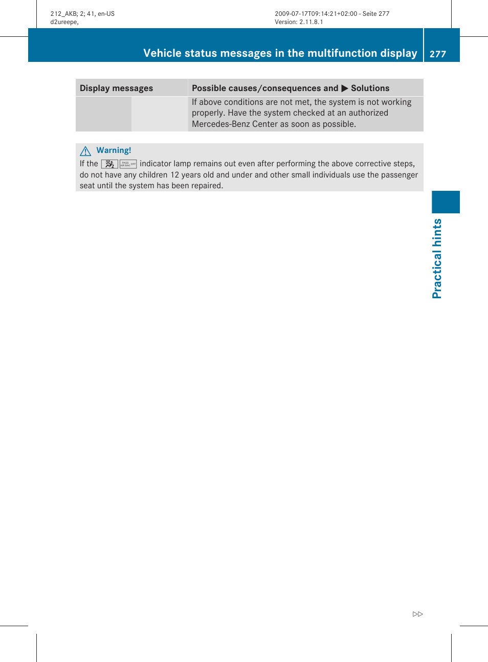 Practical hints | Mercedes-Benz E-Sedan 2010 Owners Manual User Manual | Page 279 / 372