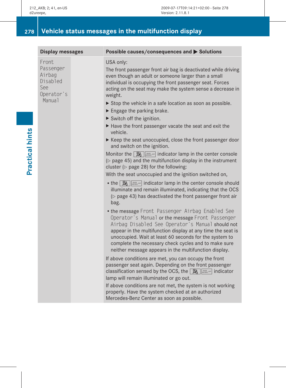 Practical hints | Mercedes-Benz E-Sedan 2010 Owners Manual User Manual | Page 280 / 372