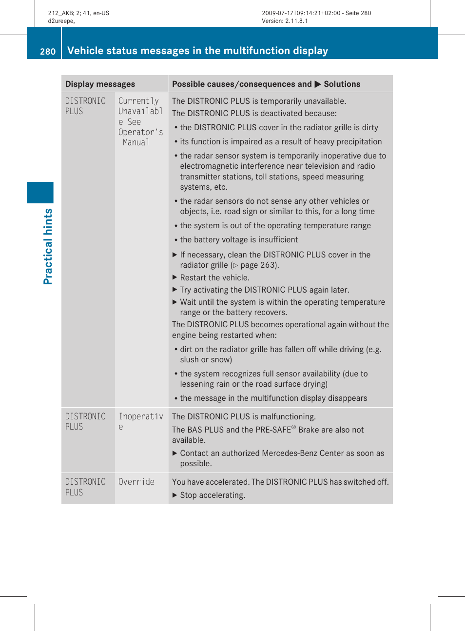 Practical hints | Mercedes-Benz E-Sedan 2010 Owners Manual User Manual | Page 282 / 372