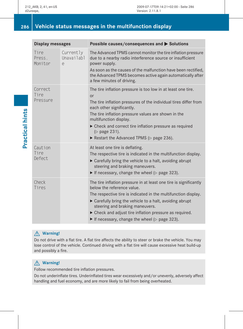 Practical hints | Mercedes-Benz E-Sedan 2010 Owners Manual User Manual | Page 288 / 372