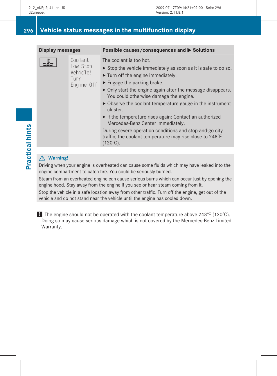 Practical hints | Mercedes-Benz E-Sedan 2010 Owners Manual User Manual | Page 298 / 372