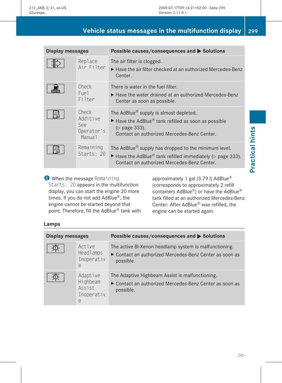 Practical hints | Mercedes-Benz E-Sedan 2010 Owners Manual User Manual | Page 301 / 372