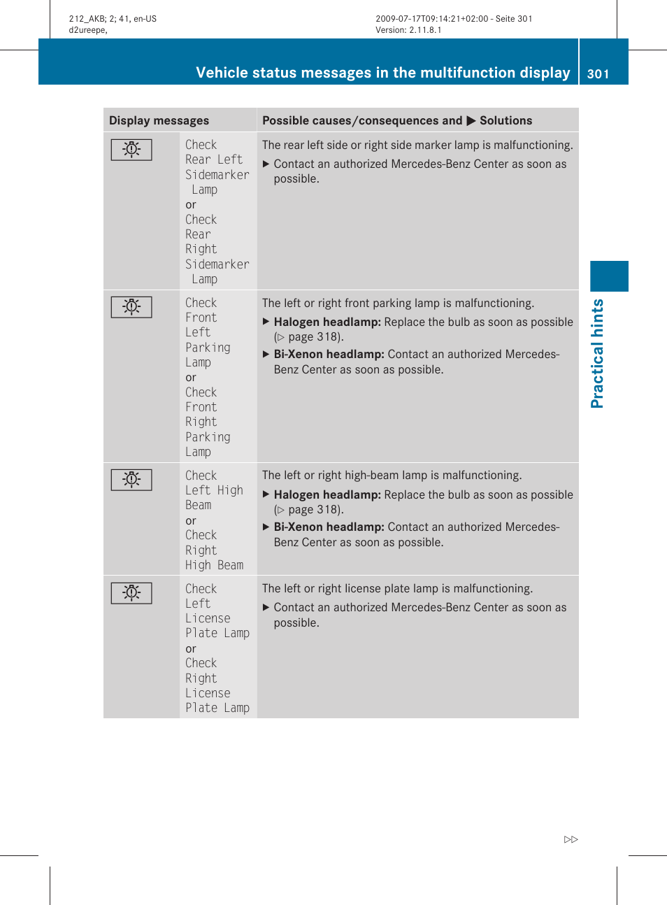 Practical hints | Mercedes-Benz E-Sedan 2010 Owners Manual User Manual | Page 303 / 372