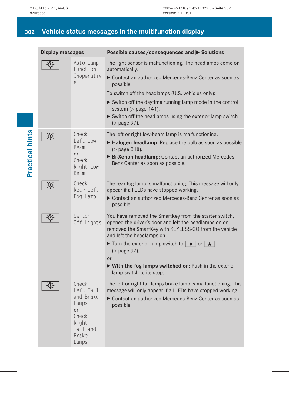 Practical hints | Mercedes-Benz E-Sedan 2010 Owners Manual User Manual | Page 304 / 372