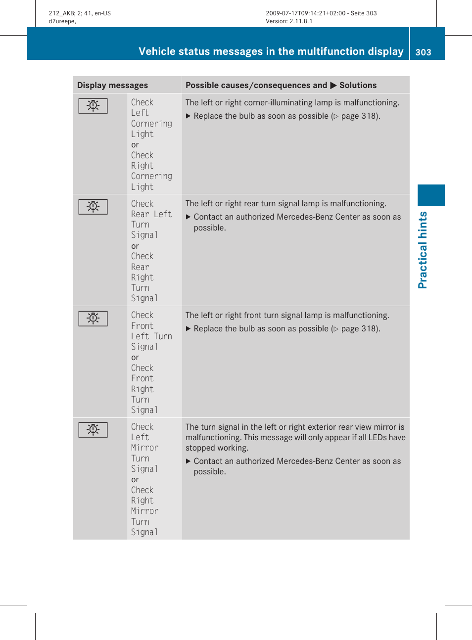 Practical hints | Mercedes-Benz E-Sedan 2010 Owners Manual User Manual | Page 305 / 372