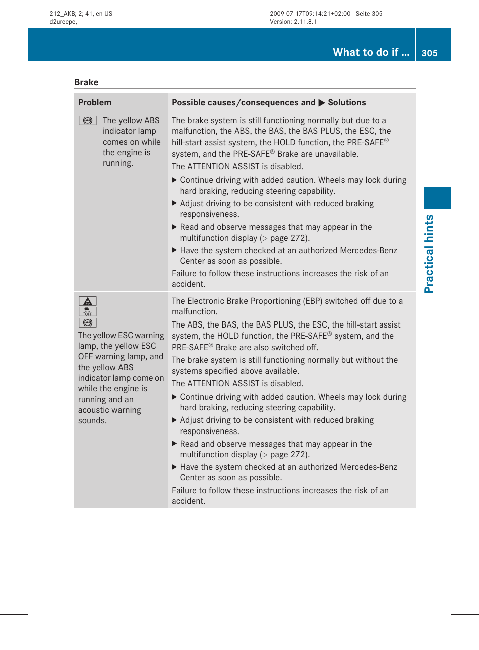 Practical hints, What to do if | Mercedes-Benz E-Sedan 2010 Owners Manual User Manual | Page 307 / 372