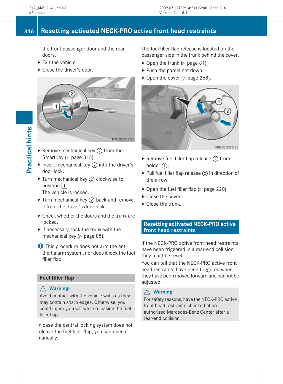 Fuel filler flap, Practical hints | Mercedes-Benz E-Sedan 2010 Owners Manual User Manual | Page 318 / 372