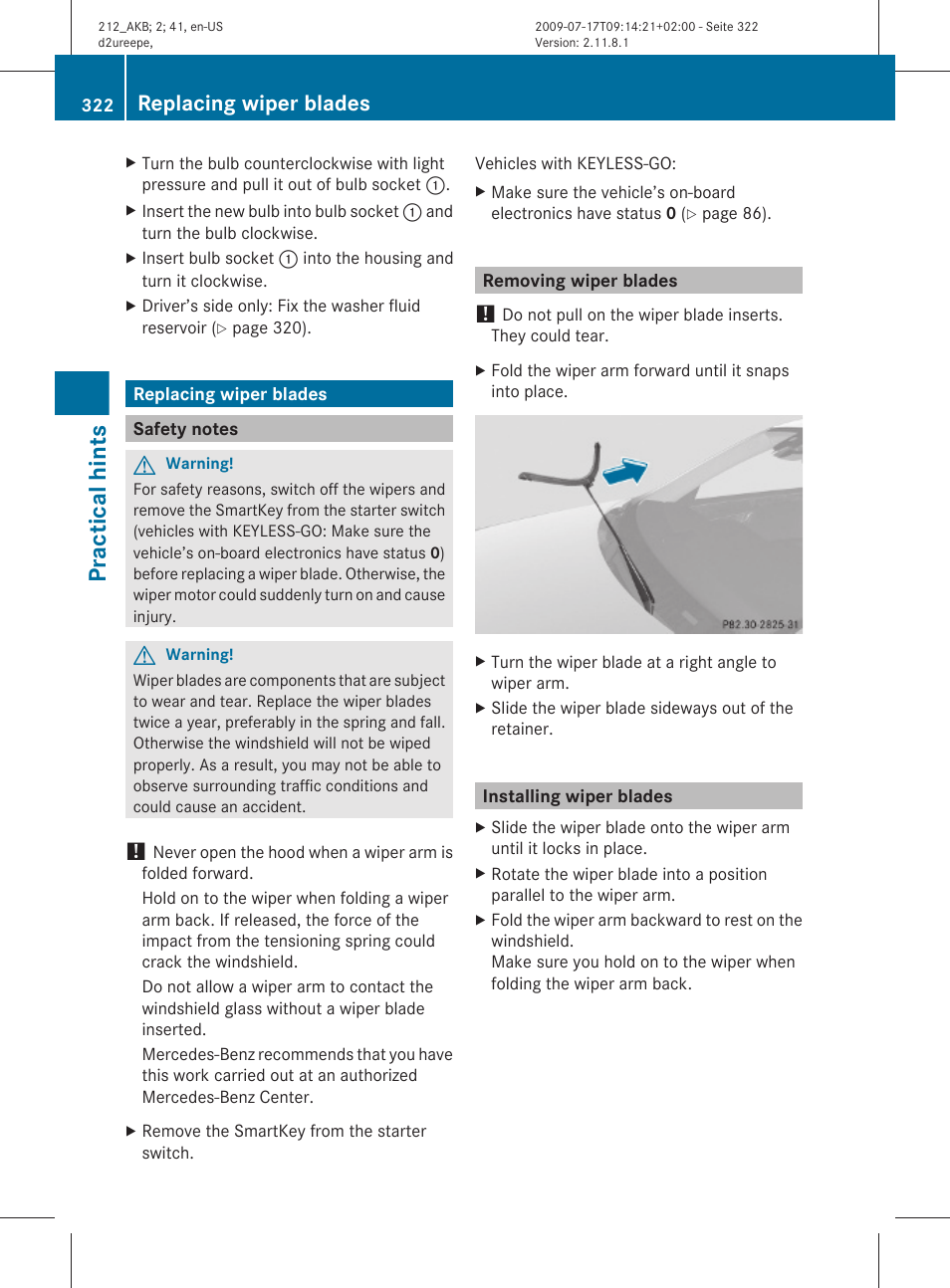 Replacing wiper blades, Safety notes, Removing wiper blades | Installing wiper blades, Practical hints | Mercedes-Benz E-Sedan 2010 Owners Manual User Manual | Page 324 / 372